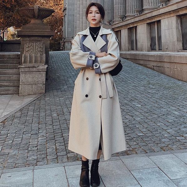 

women's wool & blends women's color-block woolen coat long winter korean loose thick suit collar double-breasted ladies cloak strai, Black