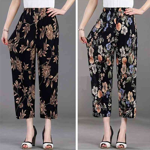 

women pants womens pants summer ice silk loose plus size colorful elastic waist casual pantalones de mujer, Black;white