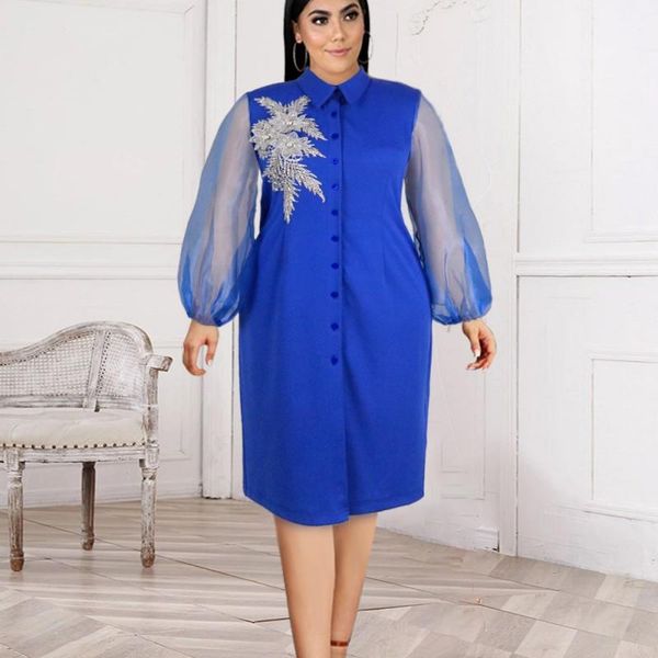 

casual dresses blue blouse dress women mesh patchwork full puff sleeve knee length fashion elegant applique straight office lady 2021, Black;gray