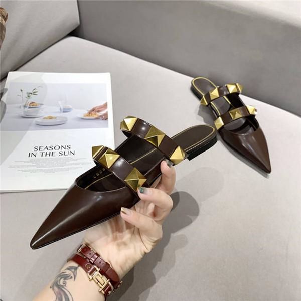 

with box 2022 spring slipper and summer women pointed flat heel slippers european size 35-40 roman rivet leather mules, Black