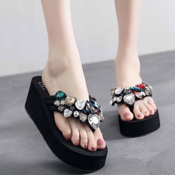 

slippers 2021 women's summer beach casual shoes girls crystal wedges slipper fashion loafers platform mujer slides slate, Black