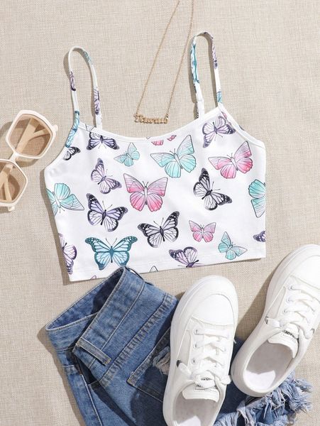 

allover butterfly print crop cami f0s3#, White