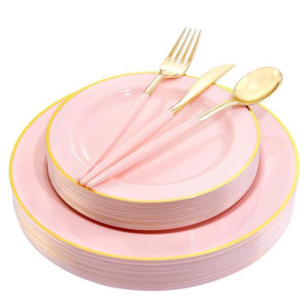 

disposable dinnerware 50-piece dinner plate set pink gold plastic tableware with rim suitable for parties and weddings