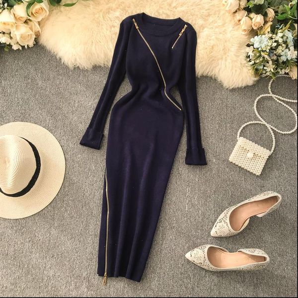 

slim zipper autumn winter bodycon womens dresses knitted sweater midi pencil party knee length women casual office vestidos, Black;gray