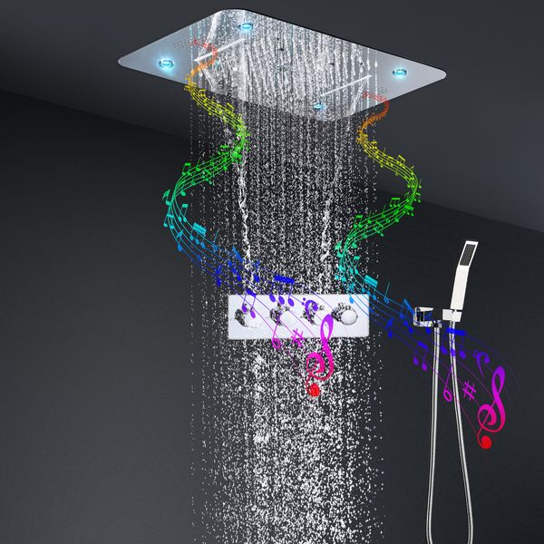 Banheiro Bluetooth Música Levou o Conjunto de Chuveiro Embutido Teto Montado Cachoeira Ranfall SHowerhead 580 * 380mm Torneiras Termostáticas