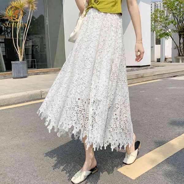 

skirts women's lace black white midi ladies korean elastic waist asymmetrical long faldas 7b6e
