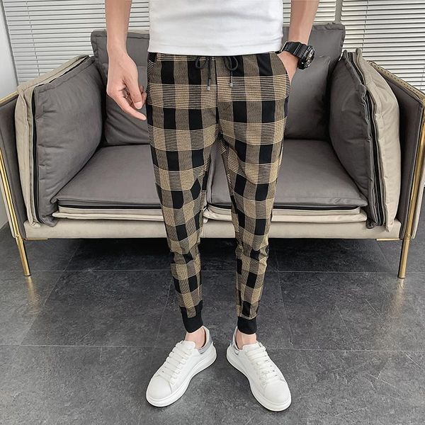 

men's pants korean summer men plaid brand slim fit hip hop harem ankle length streetwear casual joggers clothing, Black