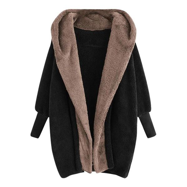 

women's wool & blends fashion colour blocking hooded loose fleece cardigan jacket thicken warm padded coat lady winter outwear parkas, Black