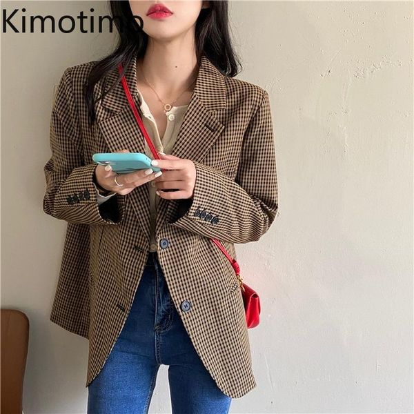 

women's suits & blazers kimotimo plaid blazer coat women 2021 autumn temperament buttoned jacket korean fashion retro all-match long sl, White;black