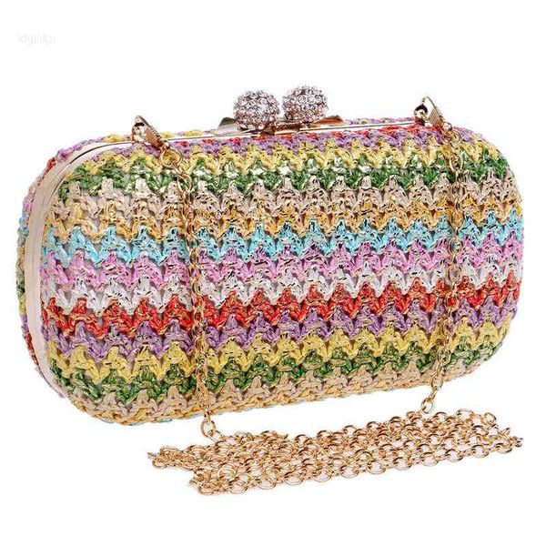

women straw evening bag multi-color woven clutch cross-body rhinestone lock wallet purse for wedding party bridal new