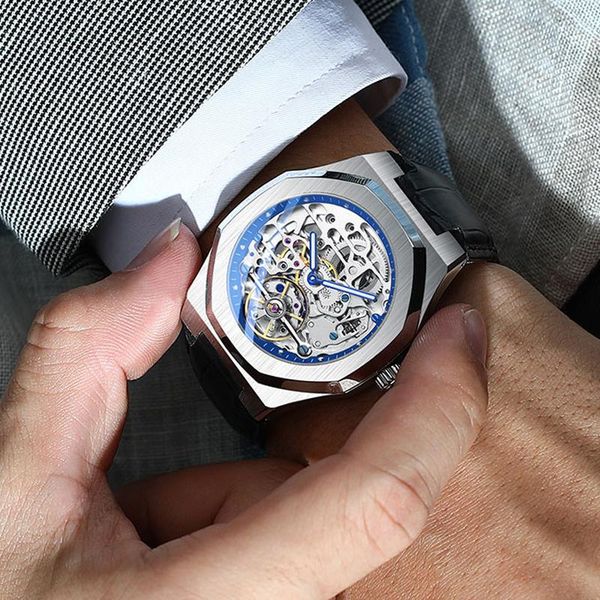 

wristwatches mens watches automatic mechanical stainless steel 80 hours standby 42mm fashion business skeleton wristwatch, Slivery;brown