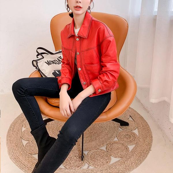 

women's leather & faux women 2021 short real red sheepskin jacket korean casual coat spring autumn cuero genuino w282 pph502, Black