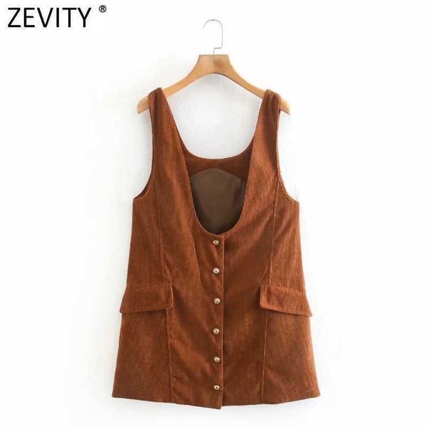 

zevity women fashion buttons decoration corduroy sleeveless vest dress femme double pockets patch casual mini vestido ds4873 210603, Black;gray