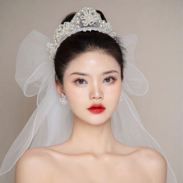 

fashion bride wedding dress crown headpieces pearl flower design handmade craftsmanship headband and veil in one party birthday accessories, Silver