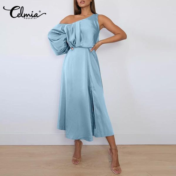 

casual dresses women elegant one shoulder satin long dress celmia lantern sleeve maxi sundress 2021 fashion pleated split party, Black;gray