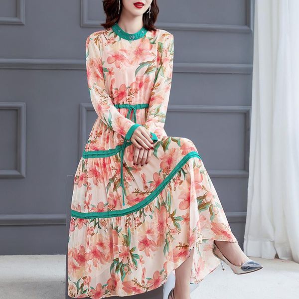 

100% silk dress woman floral elegant midi dresses for women long sleeve casual spring autumn 2021 vestido de mujer pph3721, Black;gray