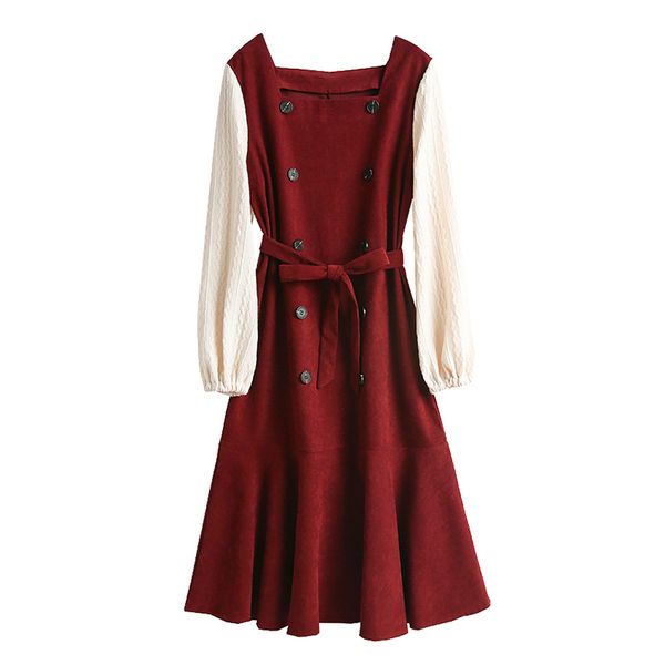

women vintage red khaki double breasted dress square collar knitted patchwork corduroy elegant d2261 210514, Black;gray
