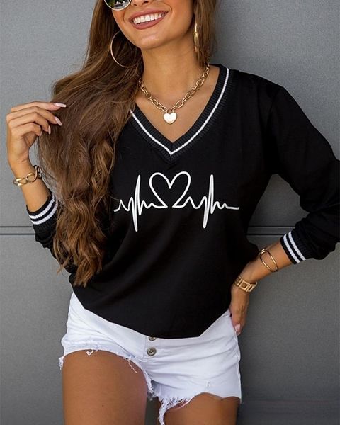 

women's sweaters printed long-sleeved v-neck casual jacket for autumn and winter, elegant loose knitted sweater, White;black