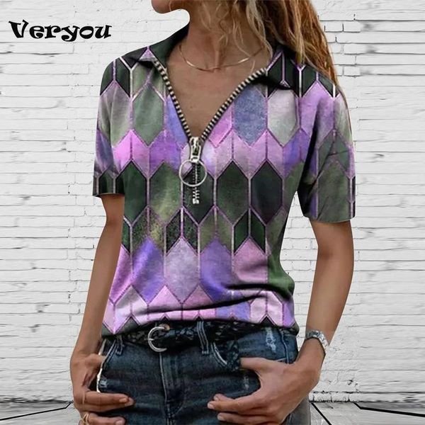 

women fashion clothing t shirt for vintage shirts women's large slim print lapel zipper v-neck t-shirt, White
