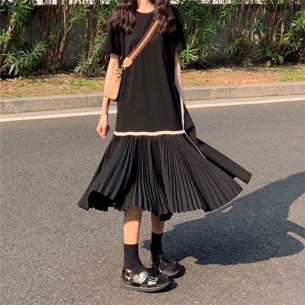 

korean summer retro loose short sleeve color-collision stitching fake two dresses irregular pleated dress 210615, Black;gray