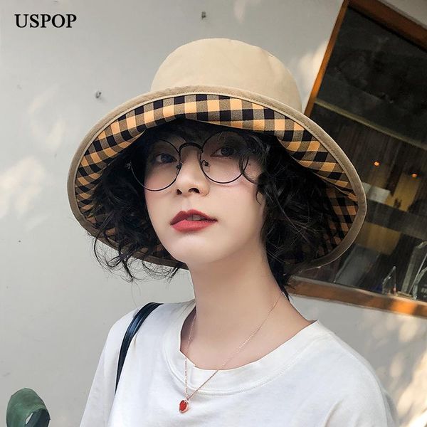 

women bucket hats wide brim sun cotton plaid spring summer caps, Blue;gray