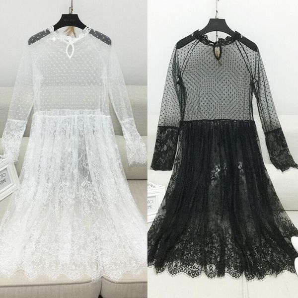 

women's sheer mesh dress lace embroidery vestidos ladies long sleeve round neck mini female slim see-through dresses casual, Black;gray