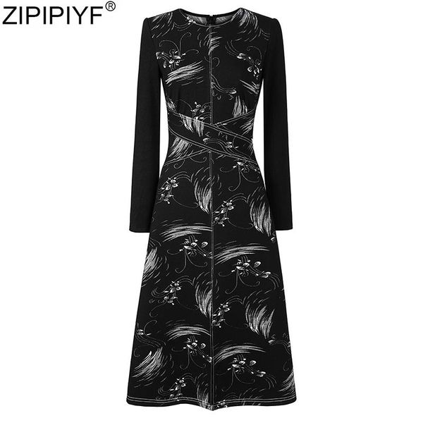 

casual dresses 2021 arrival vintage women elegant long sleeve o-neck slim print dress spring fashion a-line vestidos, Black;gray