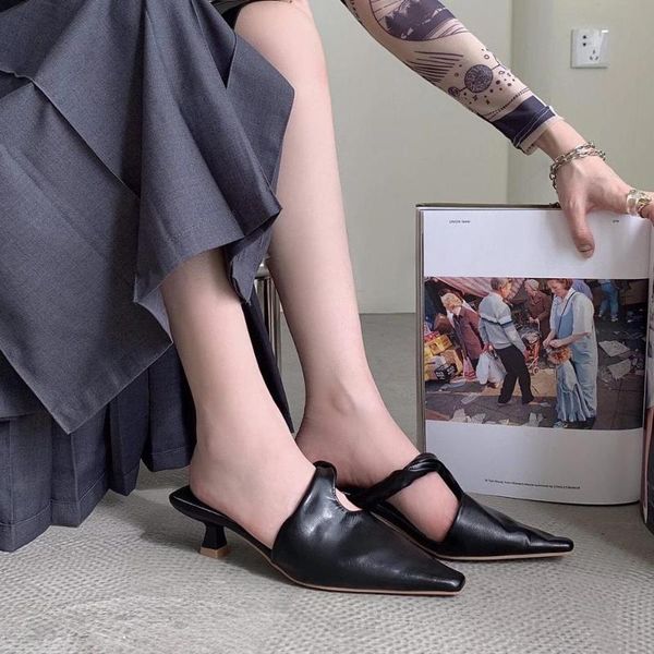 

slippers fashion women pointed toe slip on thin mid heels shallow slides hollow design yellow shoes summer casual pumps size 39, Black