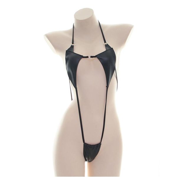 

one-piece suits one piece swimsuit women swimwear monokini micro bikini solid color pu leather halter lace metal ring triangle japanese