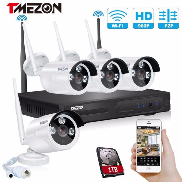 

tmezon hd 4ch nvr wireless wifi security surveillance system 4pcs 1.3mp 960p camera onvif ir night vision waterproof 1tb 2tb kit cctv system