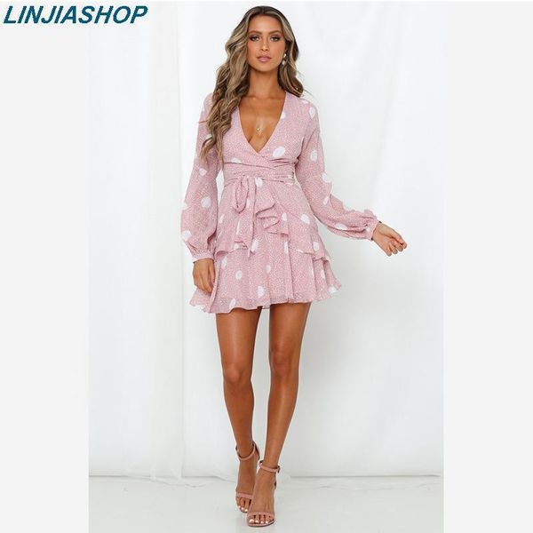 

casual dresses deep v neck mini dress with sashes 2021 summer fashion ruffles a line long sleeves loose waist plus size, Black;gray
