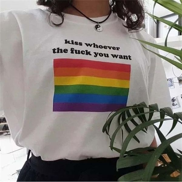 

pudo-xsx1pcs red ringer kiss whoever printed rainbow print summer stripe womens crew neck t-shirt casual short sleeve 210623, White