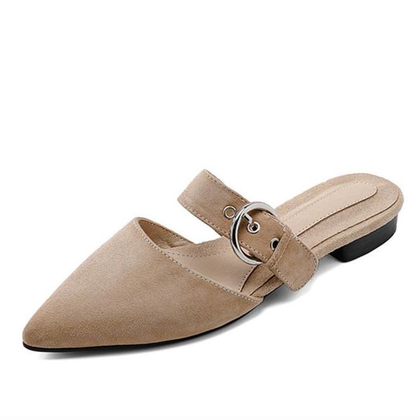 

metal decoration vintage women mules genuine leather low hels sandals for brand office lady basic shoes woman slippers, Black