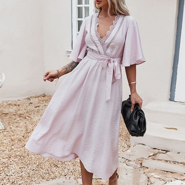 

paris girl elegant boho light purple v-neck lace up dress for ladies spring holiday women summer causel chic es 210524, Black;gray