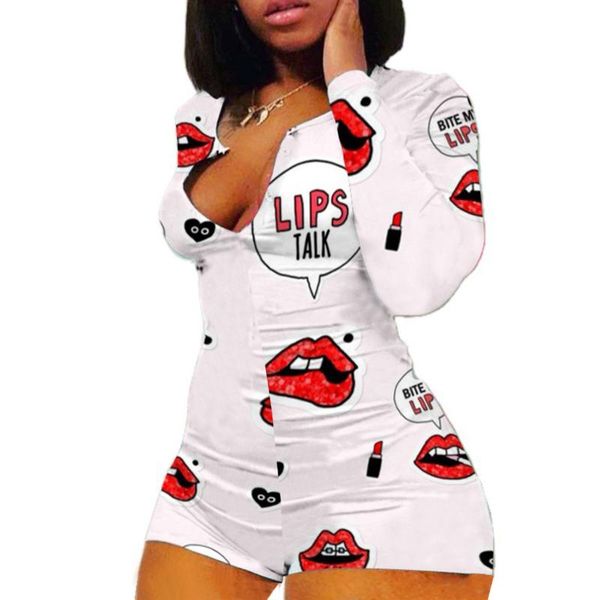 

lip print playsuit women v neck long sleeve casual pajamas autumn female leotard bodycon jumpsuit ladies sleepwear rompers women's jump, Black;white