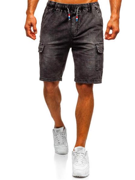 

cotton elastic waist casual jeans shorts men 2021 sell solid color drawstring side pockets straight knee-length denim men's, White;black