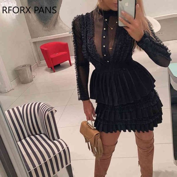 

mock neck sheer mesh insert ruffles buttoned dress 200928, Black;gray