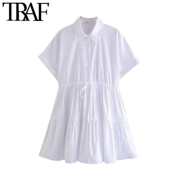 

traf women sweet fashion with adjustable tied white mini dress vintage short turn-up sleeve female dresses vestidos 210415, Black;gray