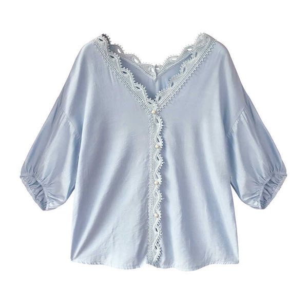 Peut-être U Femmes Bleu Solide Mousseline de Soie Col V Dentelle 3/4 Trois Quarts Lanterne Manches Chemise Blouse Casual Été B0061 210529