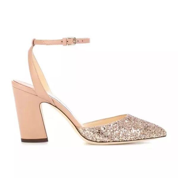 

spring selling silver glitter embellished high heel shoe pointed toe ankle strap pumps woman thick heels dress shoes, Black