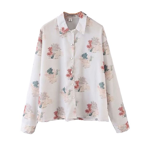 

women shirt turn down collar long sleeve print deer miri girl white b0472 210514