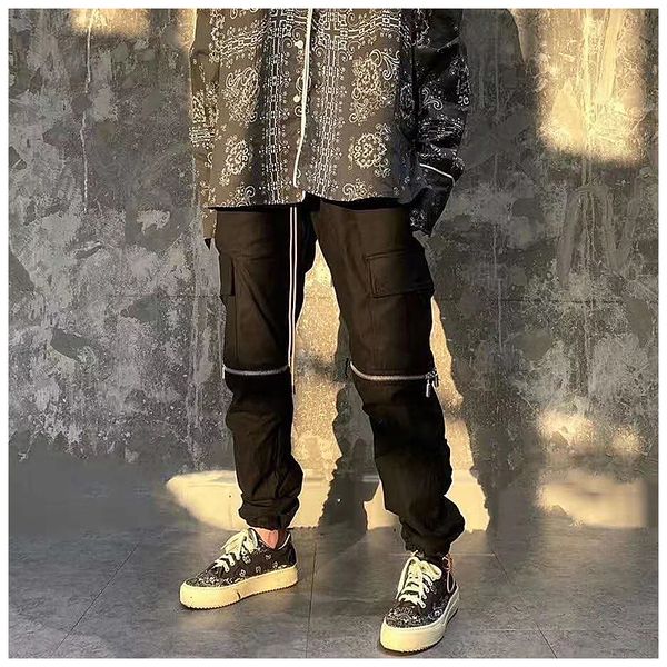 

2021 rhude zipper pocket hip-hop trousers men's drawstring high street punk style trendy work casual pants winter new u9if, Black