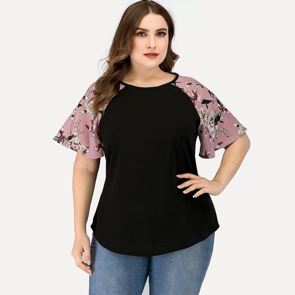 

women's plus size hy36008 round ne short sleeve large t-shirt splicing wear