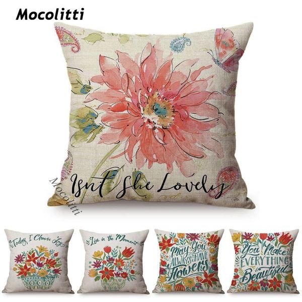 Cuscino/cuscino decorativo primavera fiori colorati pensieri felici design lettera modello decorativo divano federa cotone lino quadrato