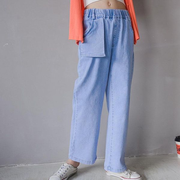 

jeans straight for girl patchwork pockets kids jean pants spring summer children's denim trousers clothing 8 10 12 14 y, Blue