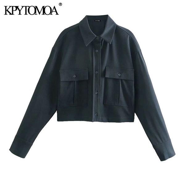 

women fashion with pockets cropped blouses vintage long sleeve button-up female shirts blusas chic 210420, White