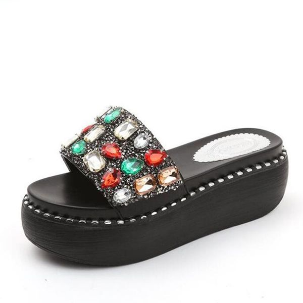 

slippers 2021 summer style arrived platform wedges sandals women fashion high heels female rhinestone flip flops b122, Black