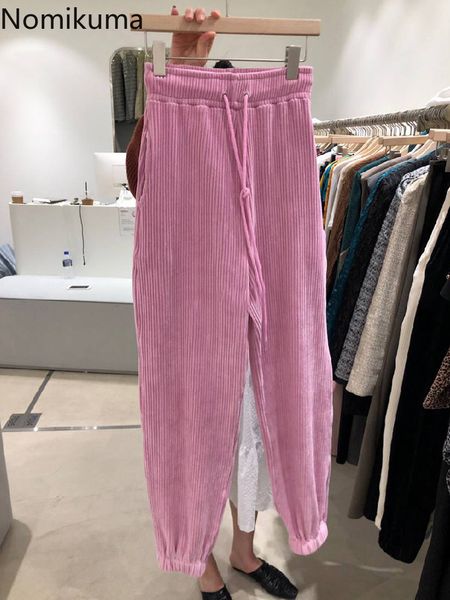 

nomikuma autumn winter corduroy harem pants drawstring lace up high waist long trousers causal solid women pants 6c464 210427, Black;white