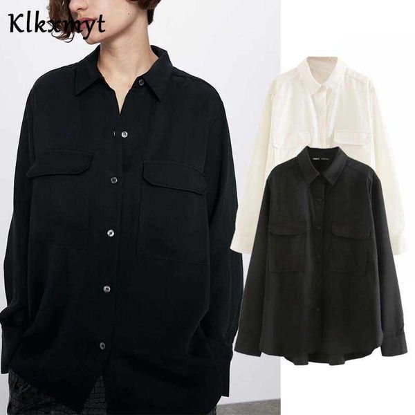 

klkxmyt za women fashion asymmetry with pockets loose blouses vintage long sleeve button-up female shirts blusas chic 210527, White