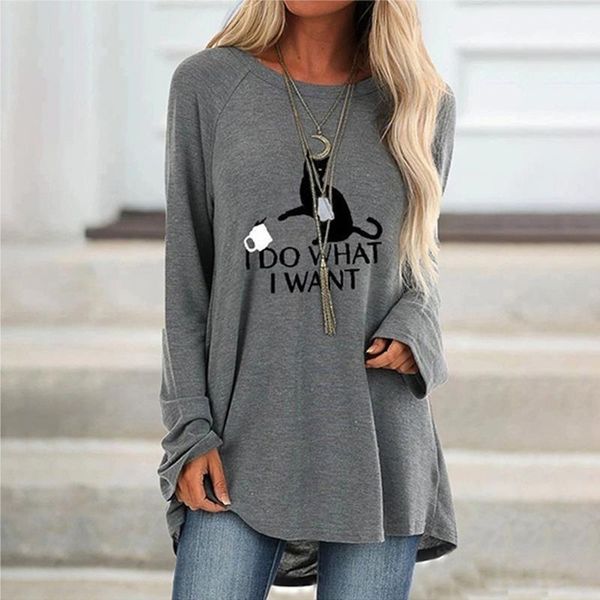 

autumn fashion mid length womens t shirt round neck printed long sleeved loose women, White